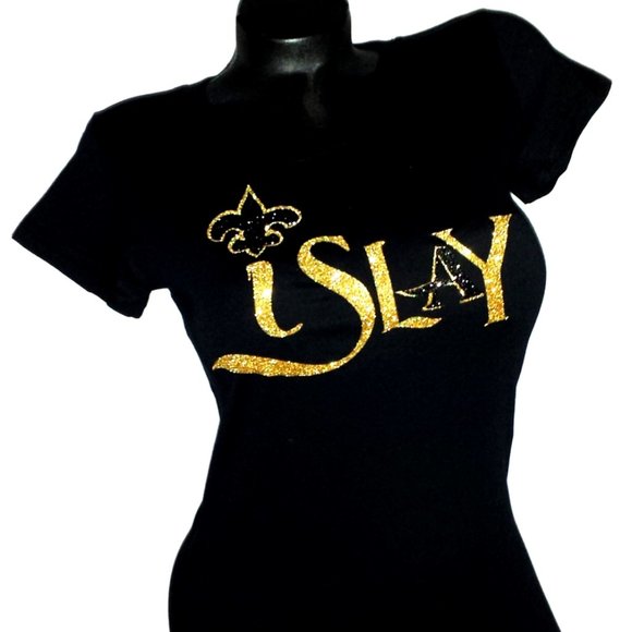 I Slay with Fluer De Lis on a Fitted Black Spandex Tee Shiny Lettering. New! - Picture 2 of 3